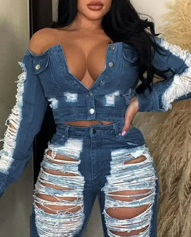 Sexy Womens Outfit High Waist Pocket Design Ripped Jeans