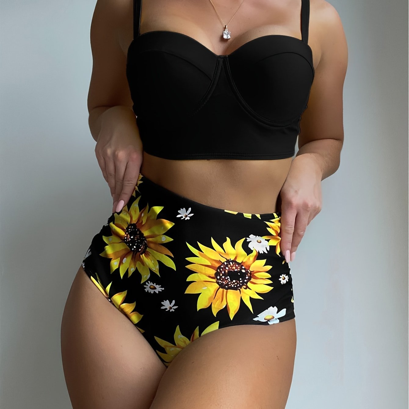Sun Flower Print Black High Waisted 2 Piece Set Bikini, Spaghetti Strap Stretchy Stylish Swimsuits, Women's Swimwear & Clothing