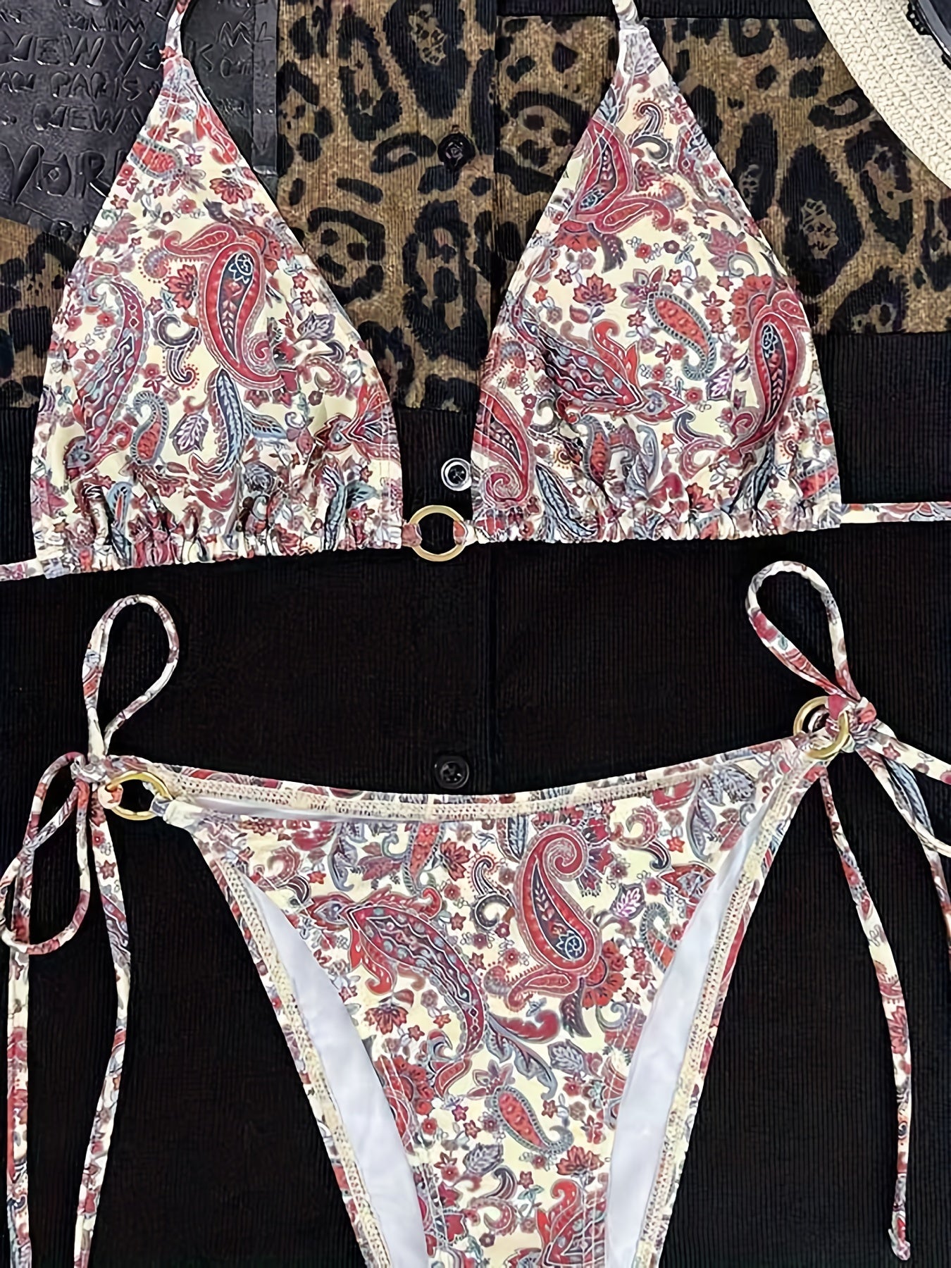 2 Piece Paisley Flower Print Ring Halter Bikini Set - Chic Triangle Stretchy Swimsuits with Adjustable Tie Back and Flexible Fit - Stylish Womens Swimwear for a Confident Look