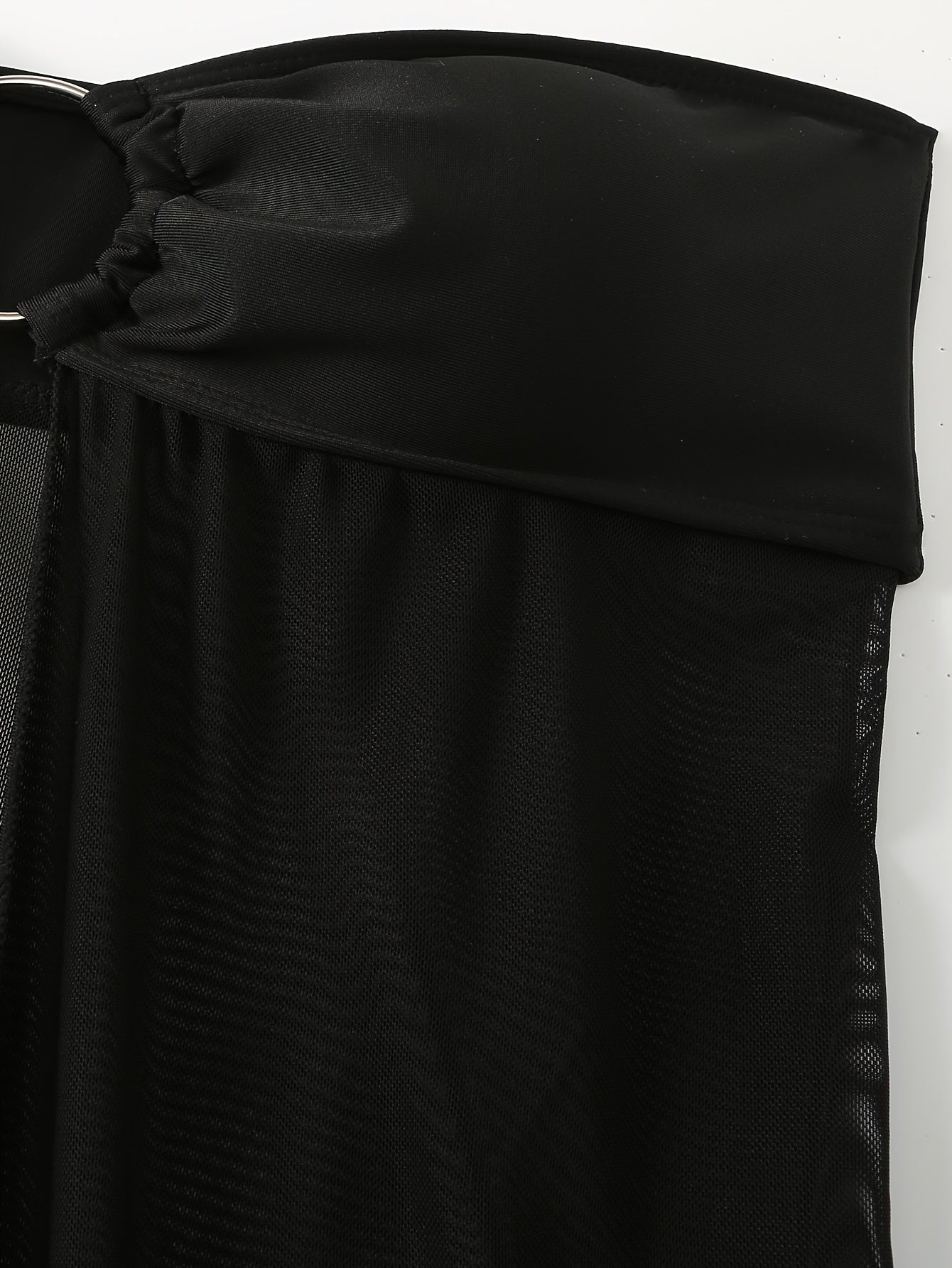 Ring Bandeau Mesh Hem Top & Thong Bottoms 2 Piece Set Bikini, Plain Black Medium Stretch Stylish Swimsuits, Women's Swimwear & Clothing