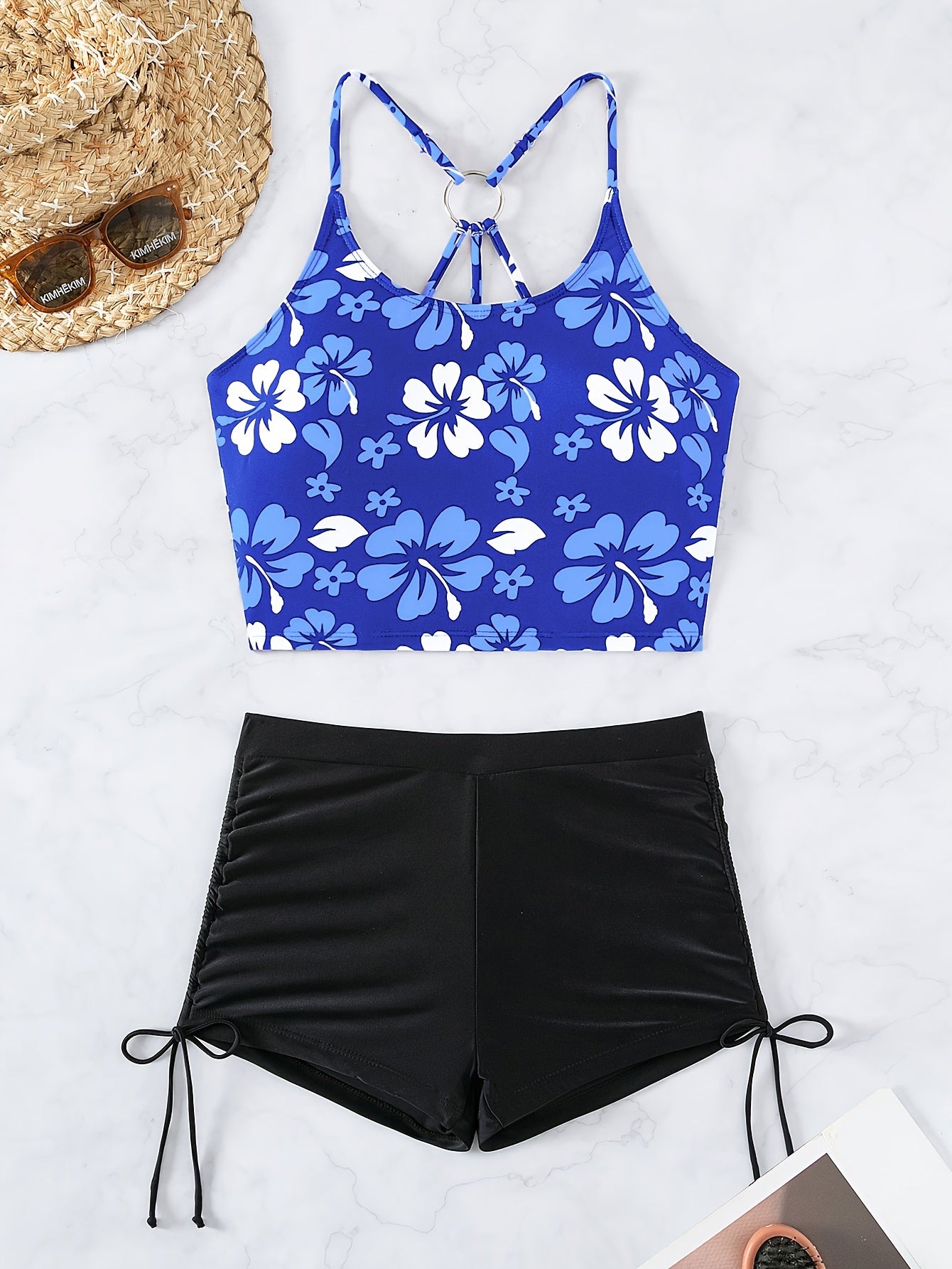 2 Piece Set Floral Print Tankini Swimsuits - Women's Swimwear Sets with Strappy High Waist, Stretchy Boxer Shorts, Drawstring Ring Detail, Comfortable and Stylish Summer Beachwear for Ladies