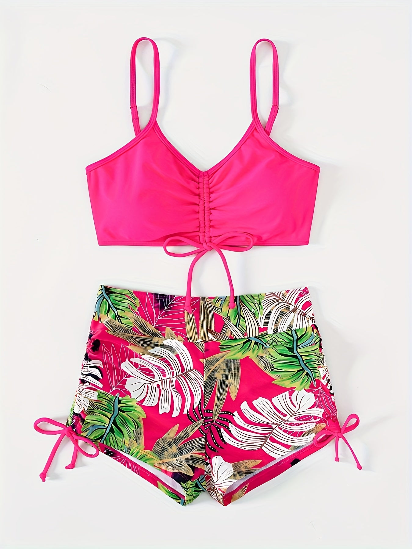 2 Piece Leaf Print Drawstring V Neck Tie Side Bikini Set - Women's Swimwear & Clothing Boxer Short Bottom Swimsuits