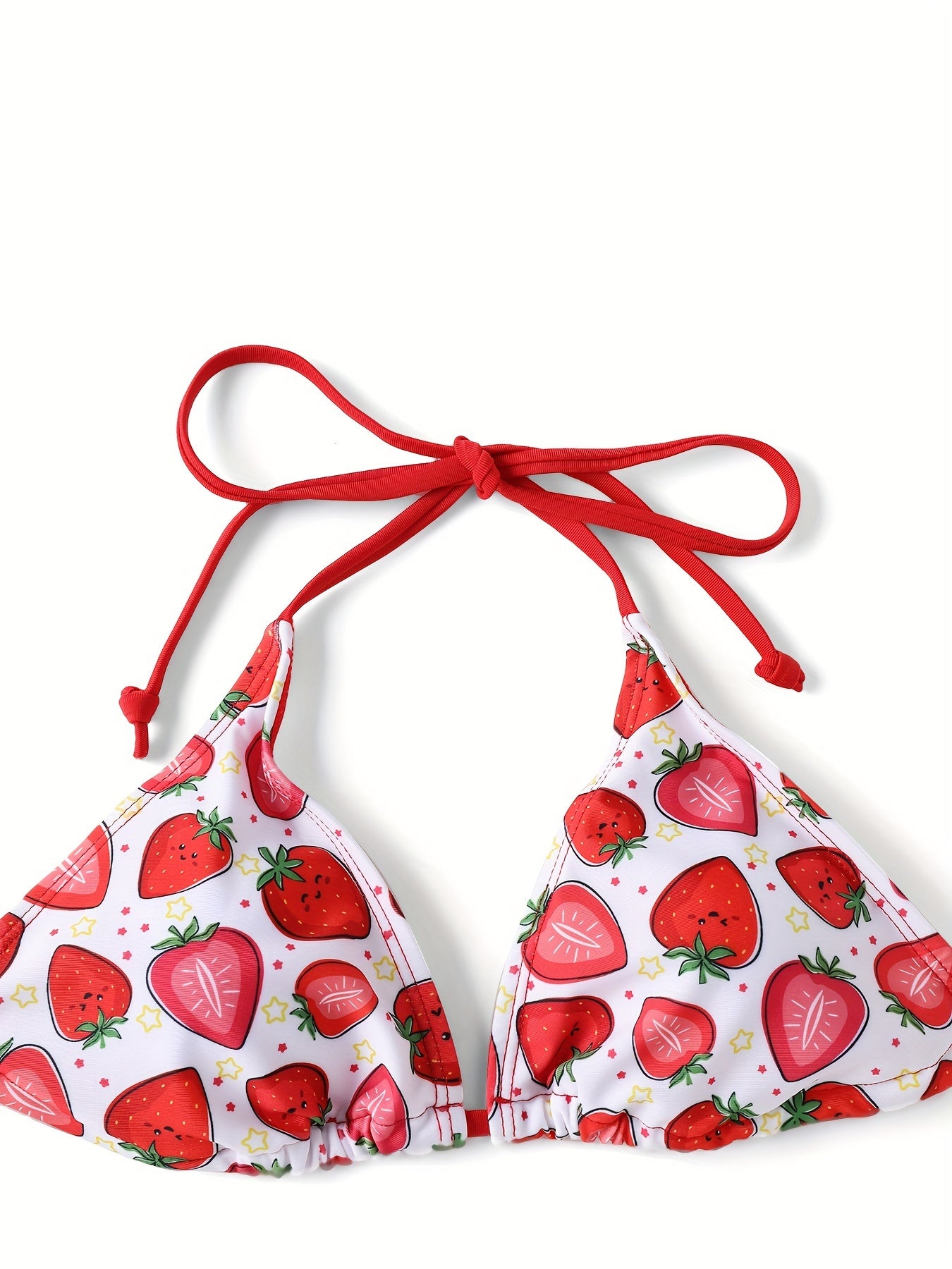 Strawberry Star Print Triangle Cute 2 Piece Set Bikini, Halter Tie Strap Backless Swimsuits, Women's Swimwear & Clothing