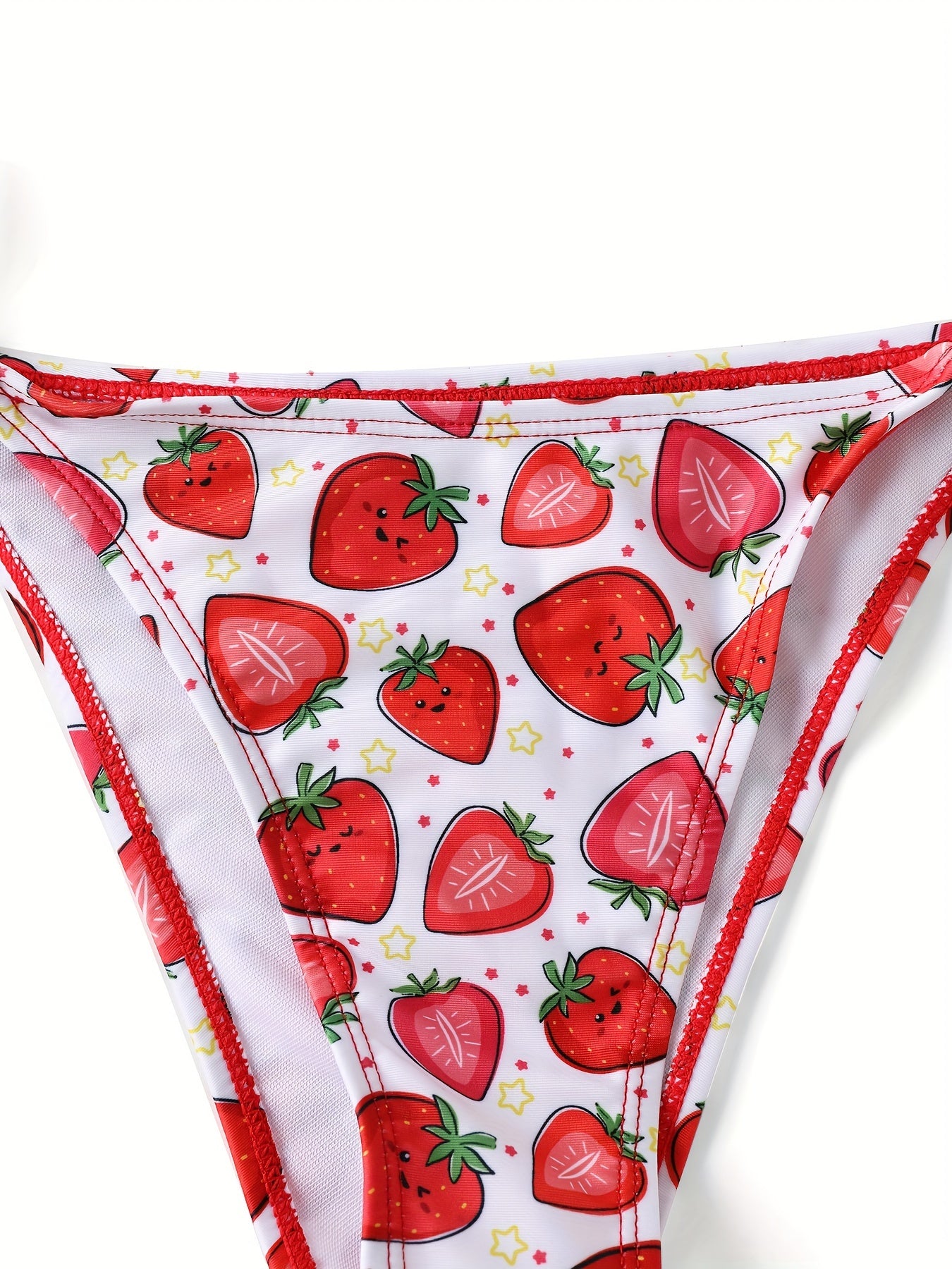 Strawberry Star Print Triangle Cute 2 Piece Set Bikini, Halter Tie Strap Backless Swimsuits, Women's Swimwear & Clothing