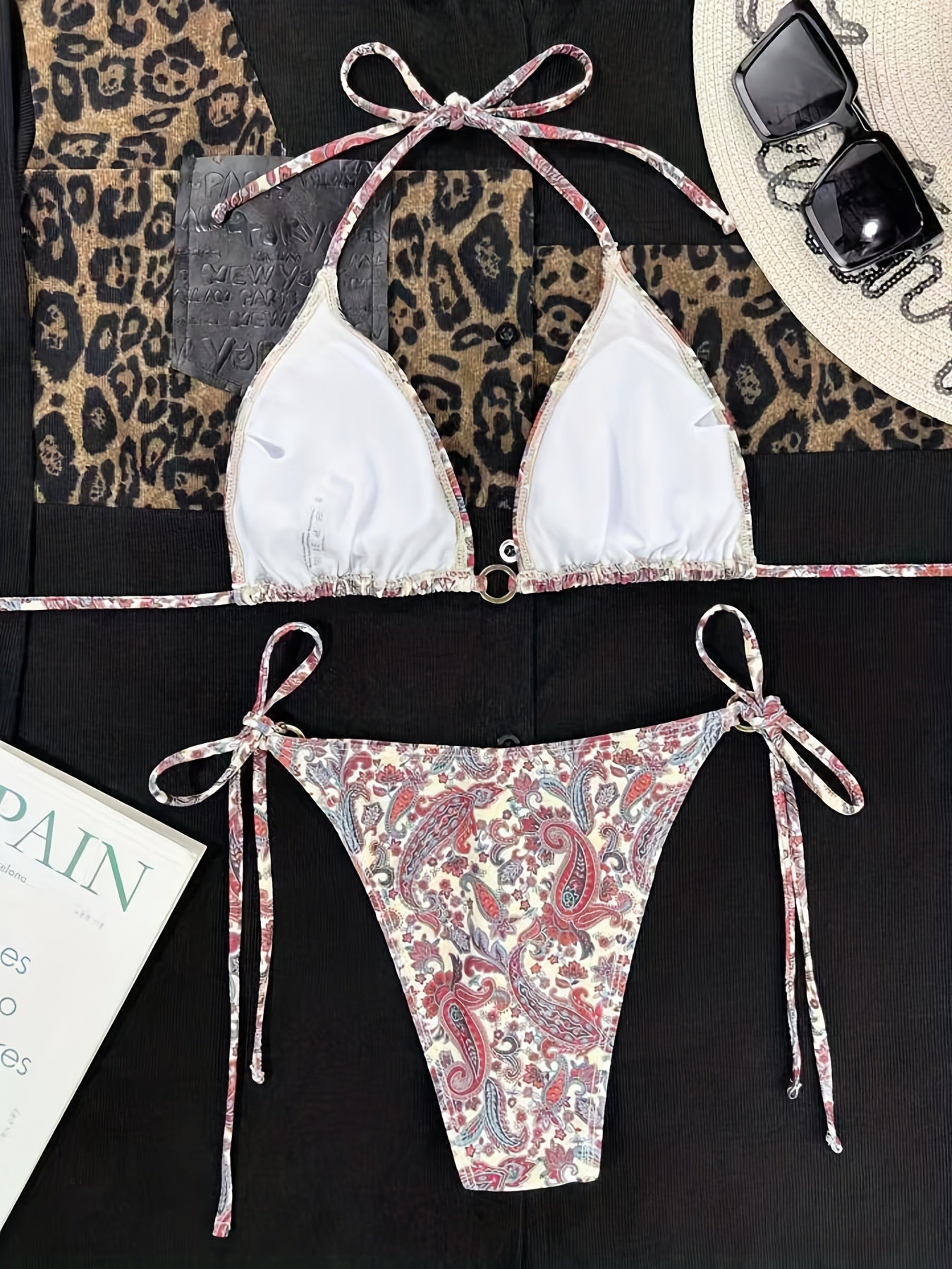 2 Piece Paisley Flower Print Ring Halter Bikini Set - Chic Triangle Stretchy Swimsuits with Adjustable Tie Back and Flexible Fit - Stylish Womens Swimwear for a Confident Look