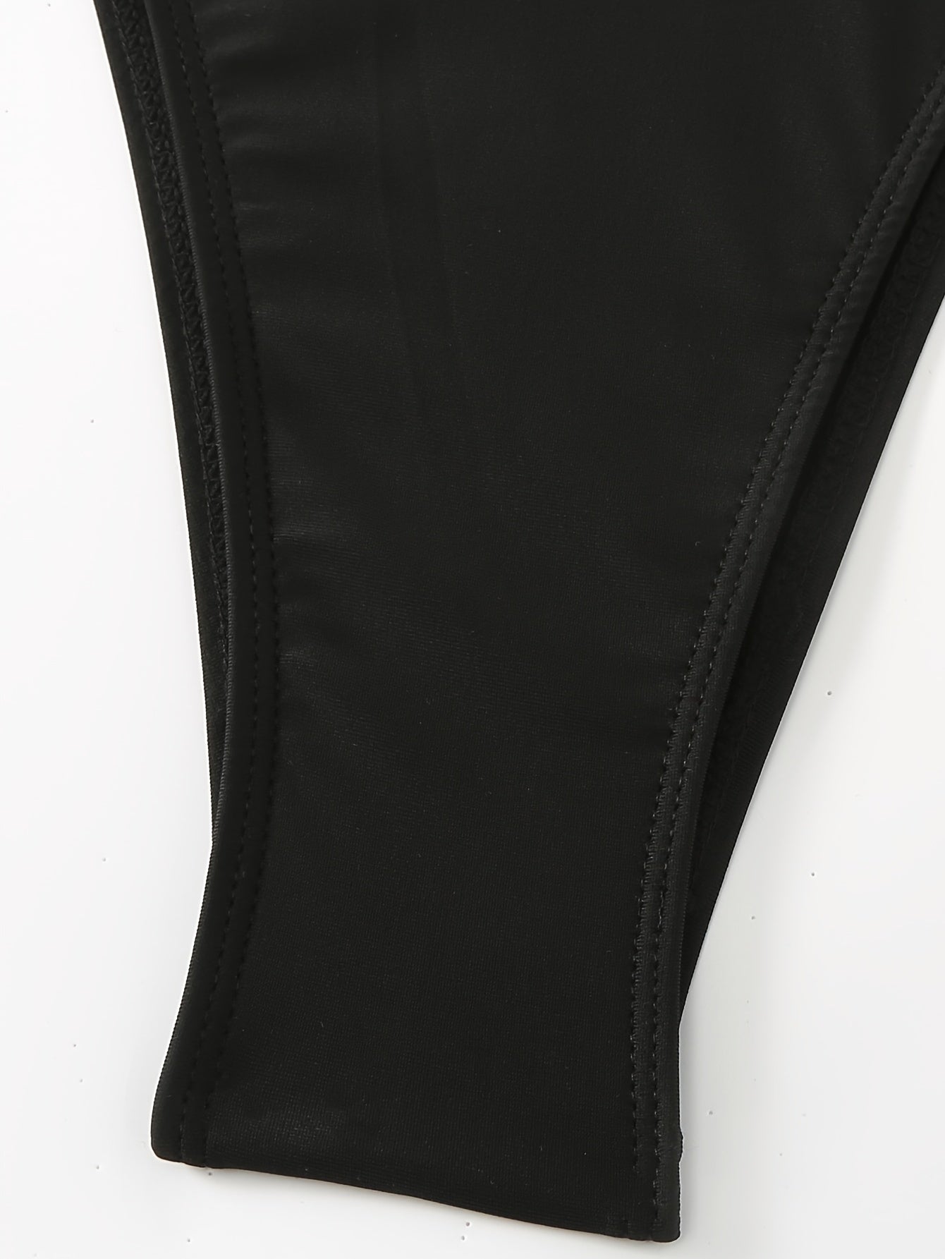 Ring Bandeau Mesh Hem Top & Thong Bottoms 2 Piece Set Bikini, Plain Black Medium Stretch Stylish Swimsuits, Women's Swimwear & Clothing