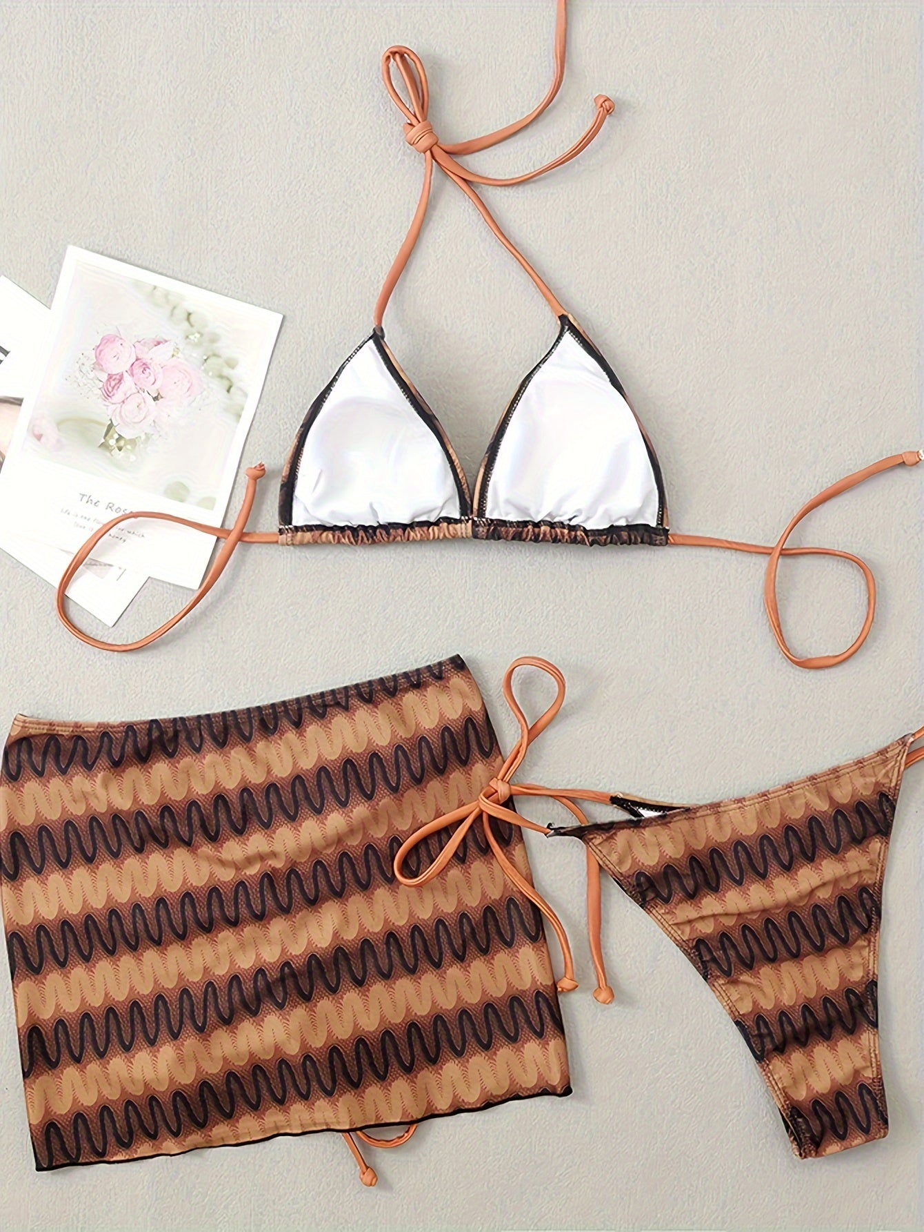 Tribal Print 3 Piece Set Bikini, Halter V Neck Backless Tie Side High Cut With Cover Up Skirt Swimsuits, Women's Swimwear & Clothing