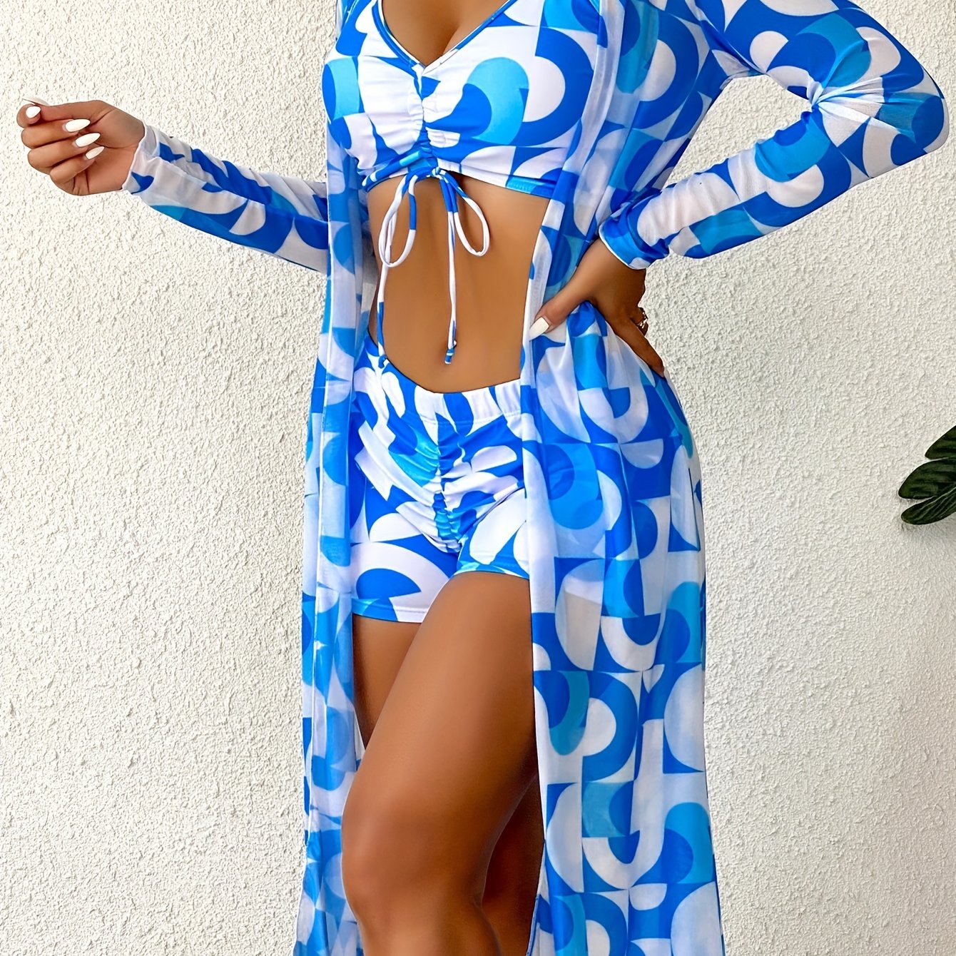 3 Piece Geometric Print Bikini Set - High Stretch, V Neck, Long Sleeves Cover Up Robe, Semi-Sheer, Spaghetti Strap, Customized Knit Fabric Swimsuits for Women