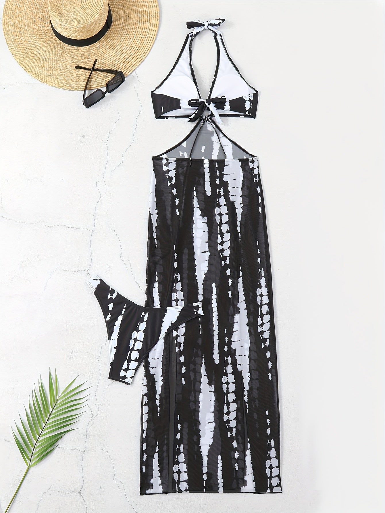 2 Piece Set Striped Print Halter Ring Swimsuits, High Stretch Split Mesh Elegant Beachwear for Women