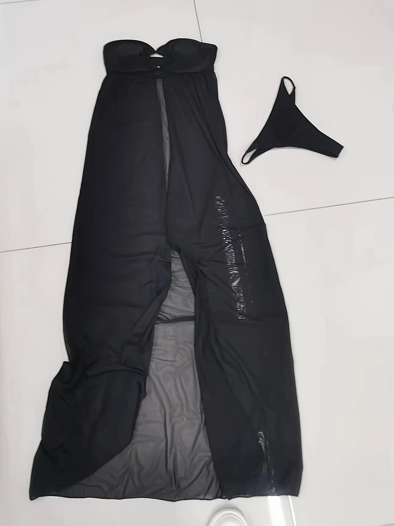 Ring Bandeau Mesh Hem Top & Thong Bottoms 2 Piece Set Bikini, Plain Black Medium Stretch Stylish Swimsuits, Women's Swimwear & Clothing