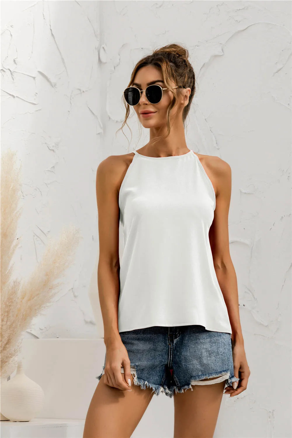 Women Summer Sleeveless Halter Solid Color Tank Top