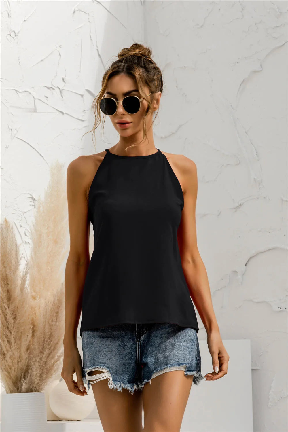 Women Summer Sleeveless Halter Solid Color Tank Top