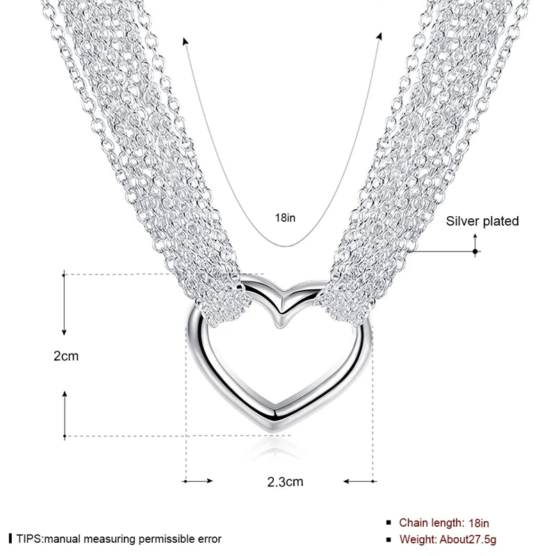 Sterling Silver Necklaces for Women Multi Lines Heart Pendant Necklace