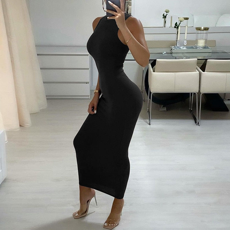 Ribbed Knitted Autumn Black Maxi Dress Women