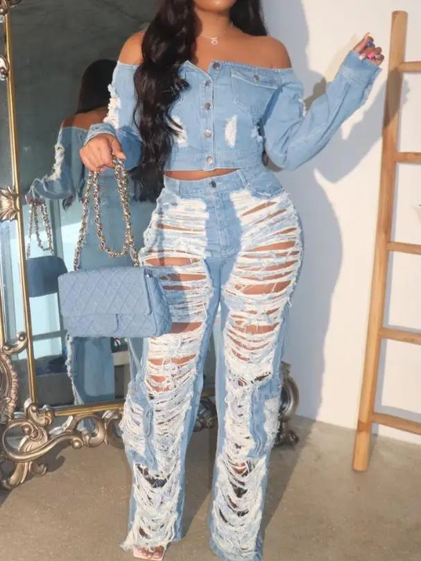 Sexy Womens Outfit High Waist Pocket Design Ripped Jeans