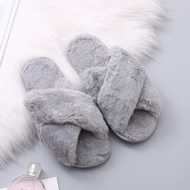 Women Cozy Faux Fur Cross Indoor Floor Slides