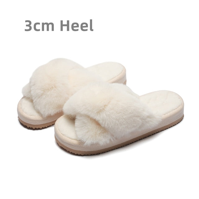 Women Cozy Faux Fur Cross Indoor Floor Slides