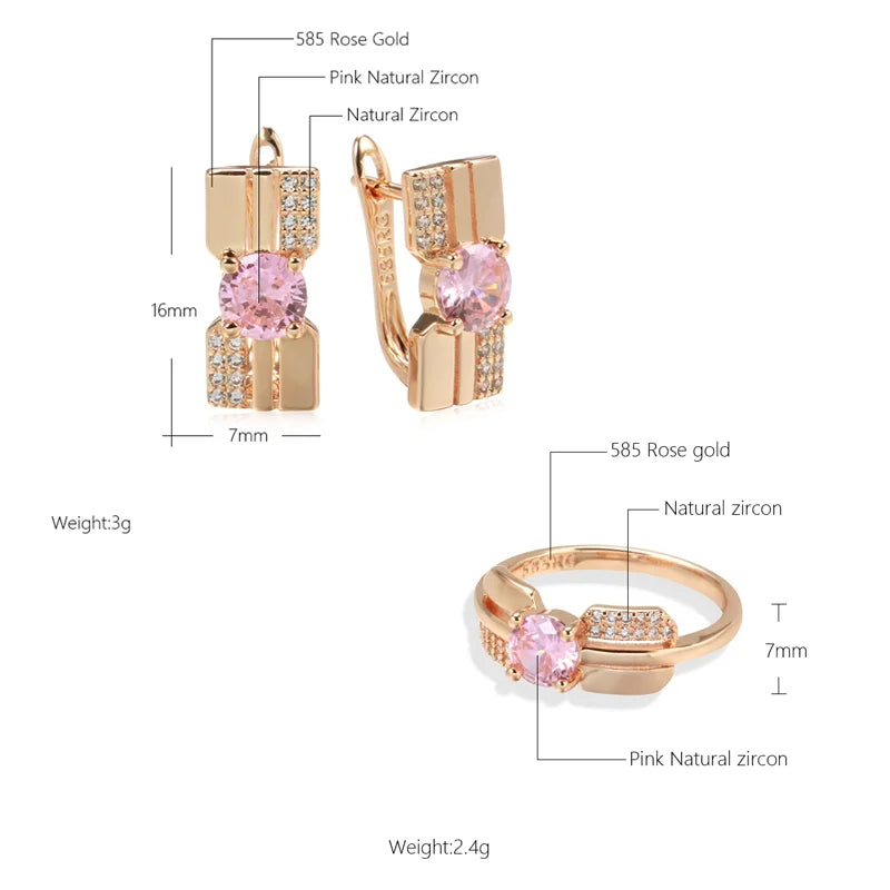 Luxury Pink Crystal Earrings Ring Rose Gold Color With White Natural Zircon
