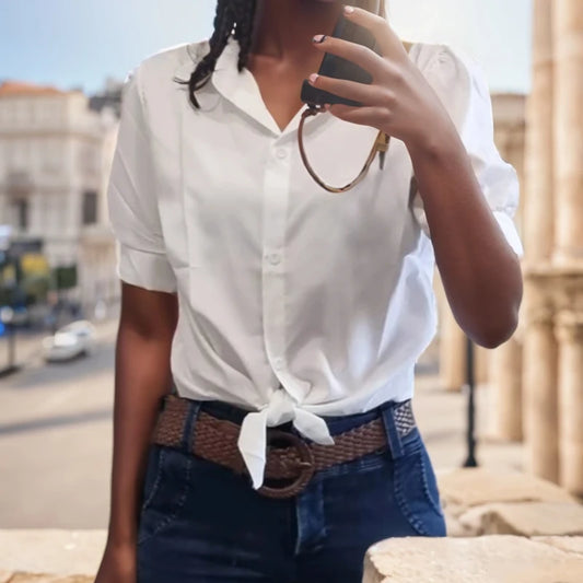 Short Sleeve Women Solid Buttoned Up Blouses