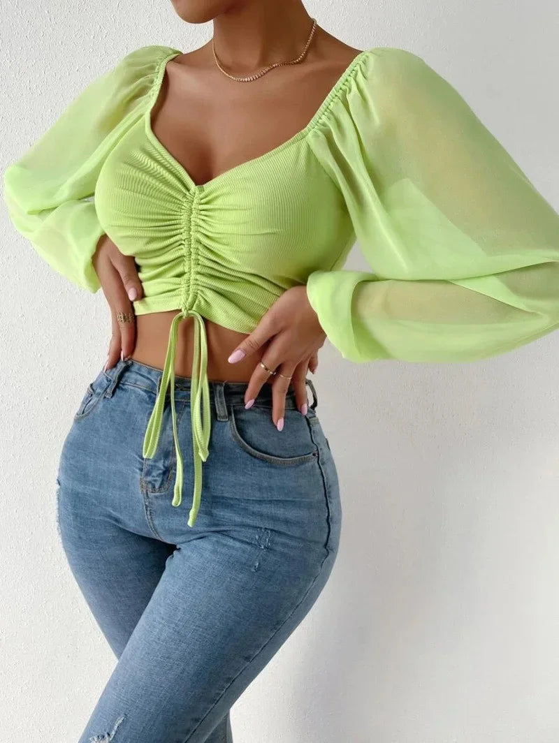Sexy V-neck Women Blouses Drawstring Long Sleeve Crop Tops