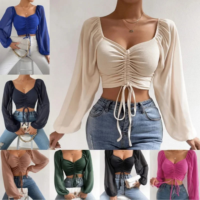 Sexy V-neck Women Blouses Drawstring Long Sleeve Crop Tops