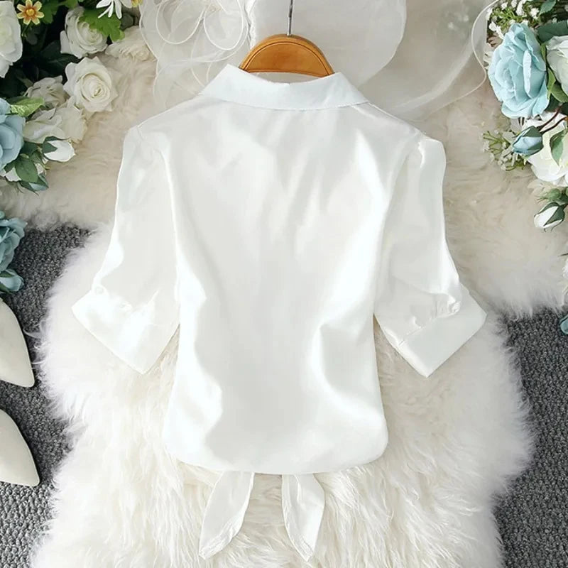 Short Sleeve Women Solid Buttoned Up Blouses