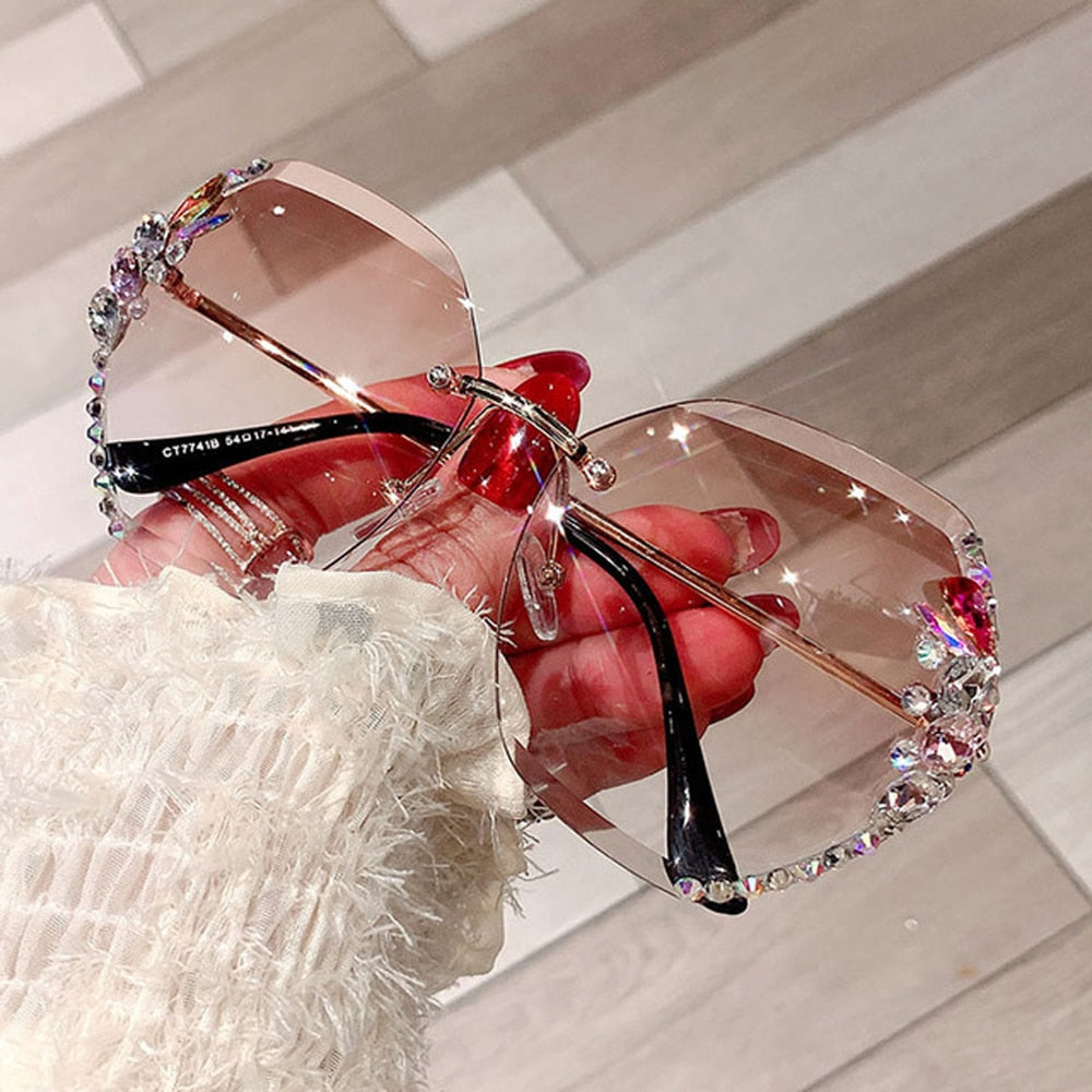 2023 Luxury Brand Design Vintage Rimless Rhinestone Sunglasses