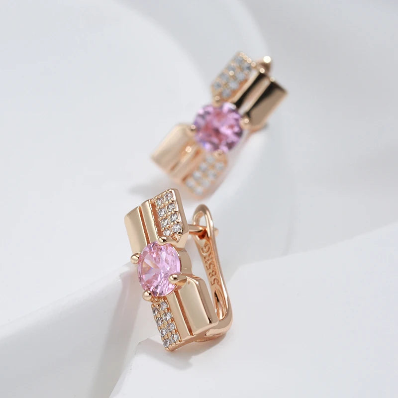 Luxury Pink Crystal Earrings Ring Rose Gold Color With White Natural Zircon