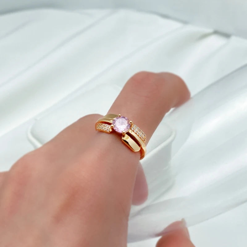 Luxury Pink Crystal Earrings Ring Rose Gold Color With White Natural Zircon