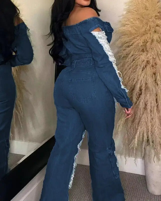 Sexy Womens Outfit High Waist Pocket Design Ripped Jeans