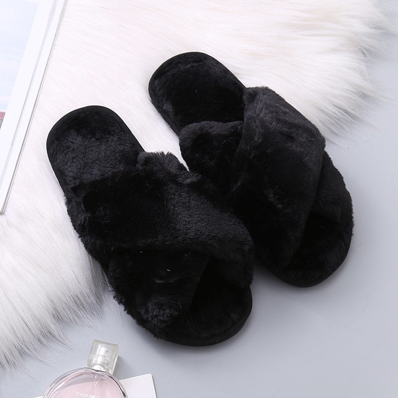 Women Cozy Faux Fur Cross Indoor Floor Slides