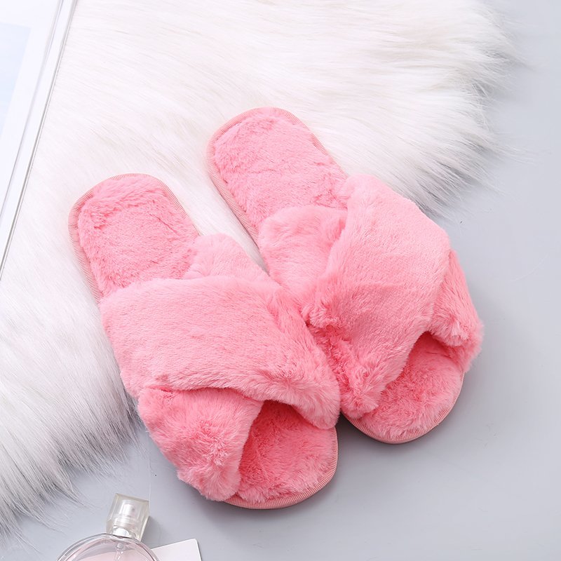Women Cozy Faux Fur Cross Indoor Floor Slides