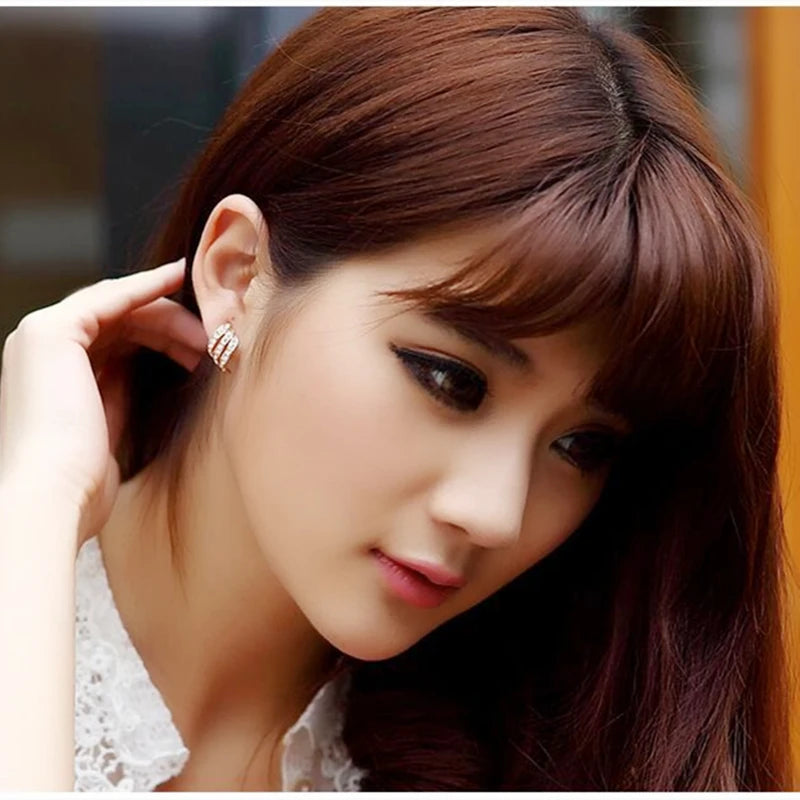 Full Crystal Three Rows S-shaped Stud Earrings for Women