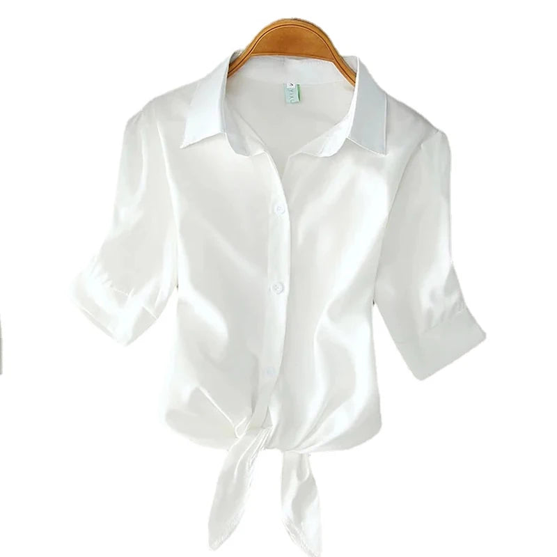 Short Sleeve Women Solid Buttoned Up Blouses
