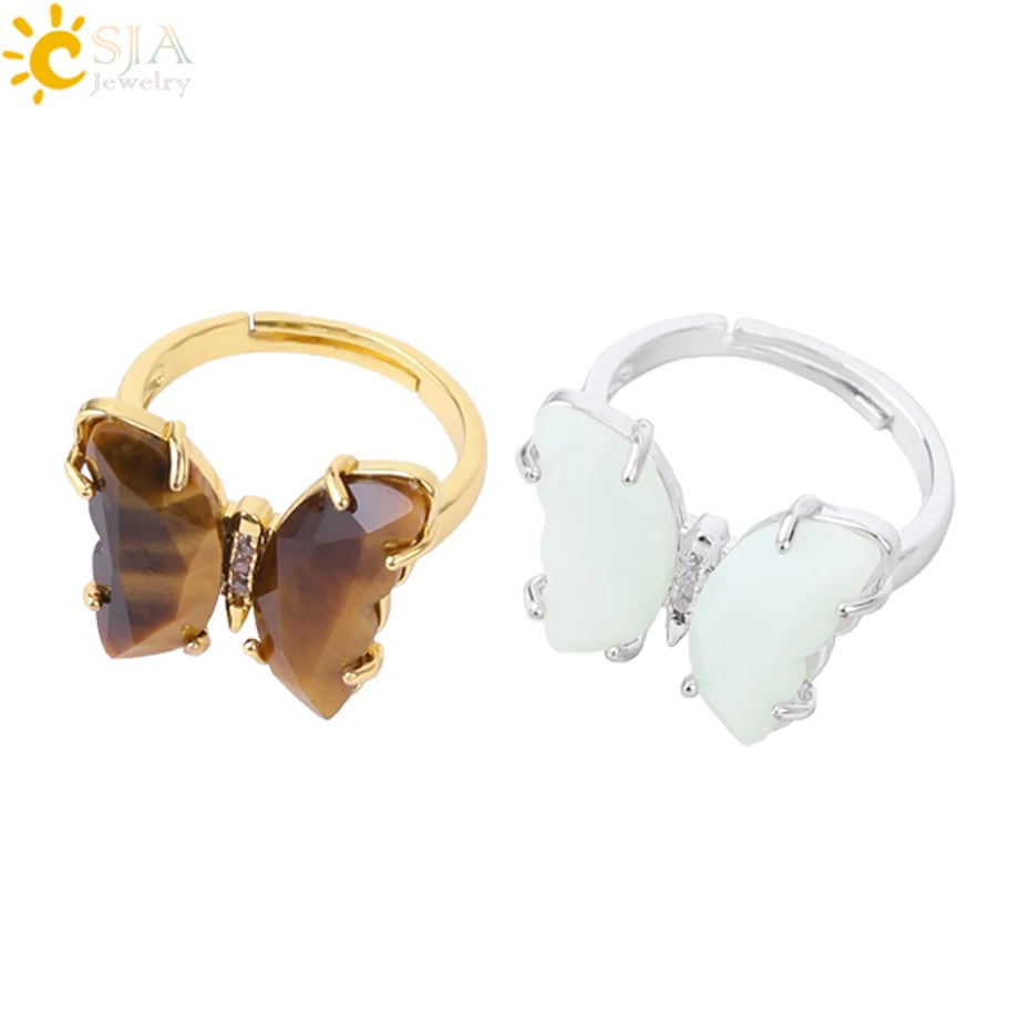 Gold Color Crystal Ring Natural Gemstone Butterfly Rings