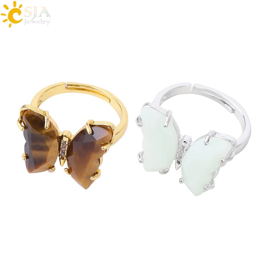 Gold Color Crystal Ring Natural Gemstone Butterfly Rings
