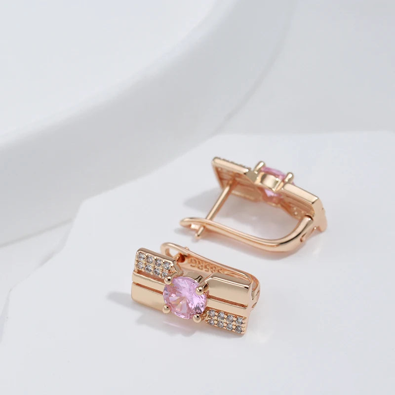 Luxury Pink Crystal Earrings Ring Rose Gold Color With White Natural Zircon