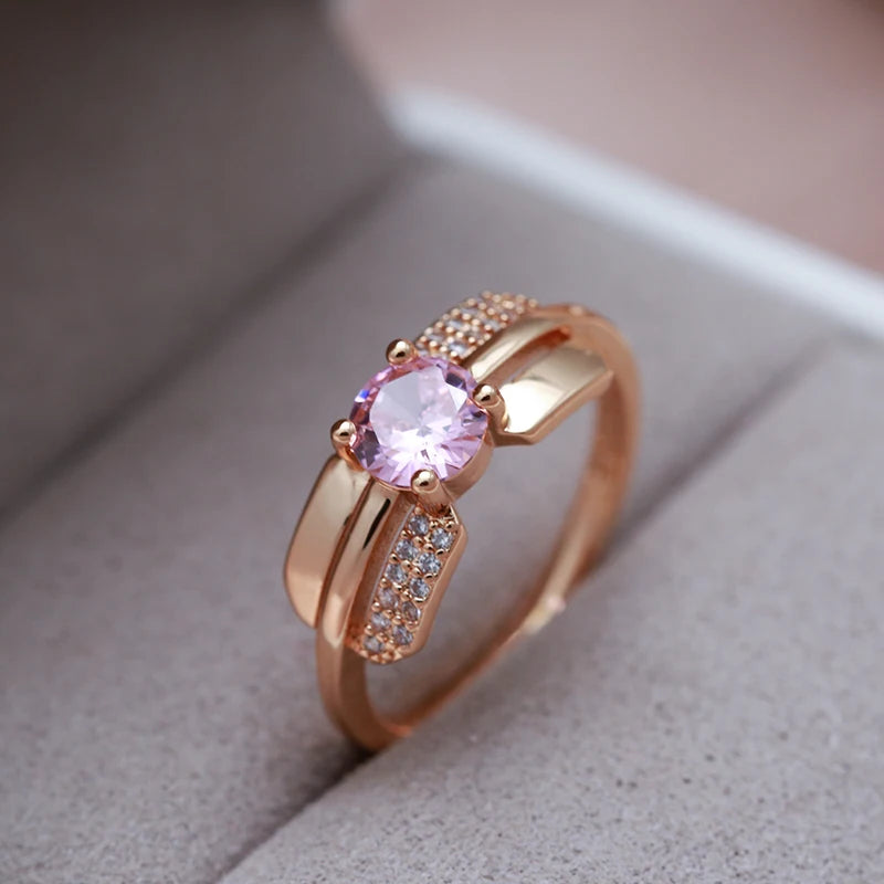 Luxury Pink Crystal Earrings Ring Rose Gold Color With White Natural Zircon
