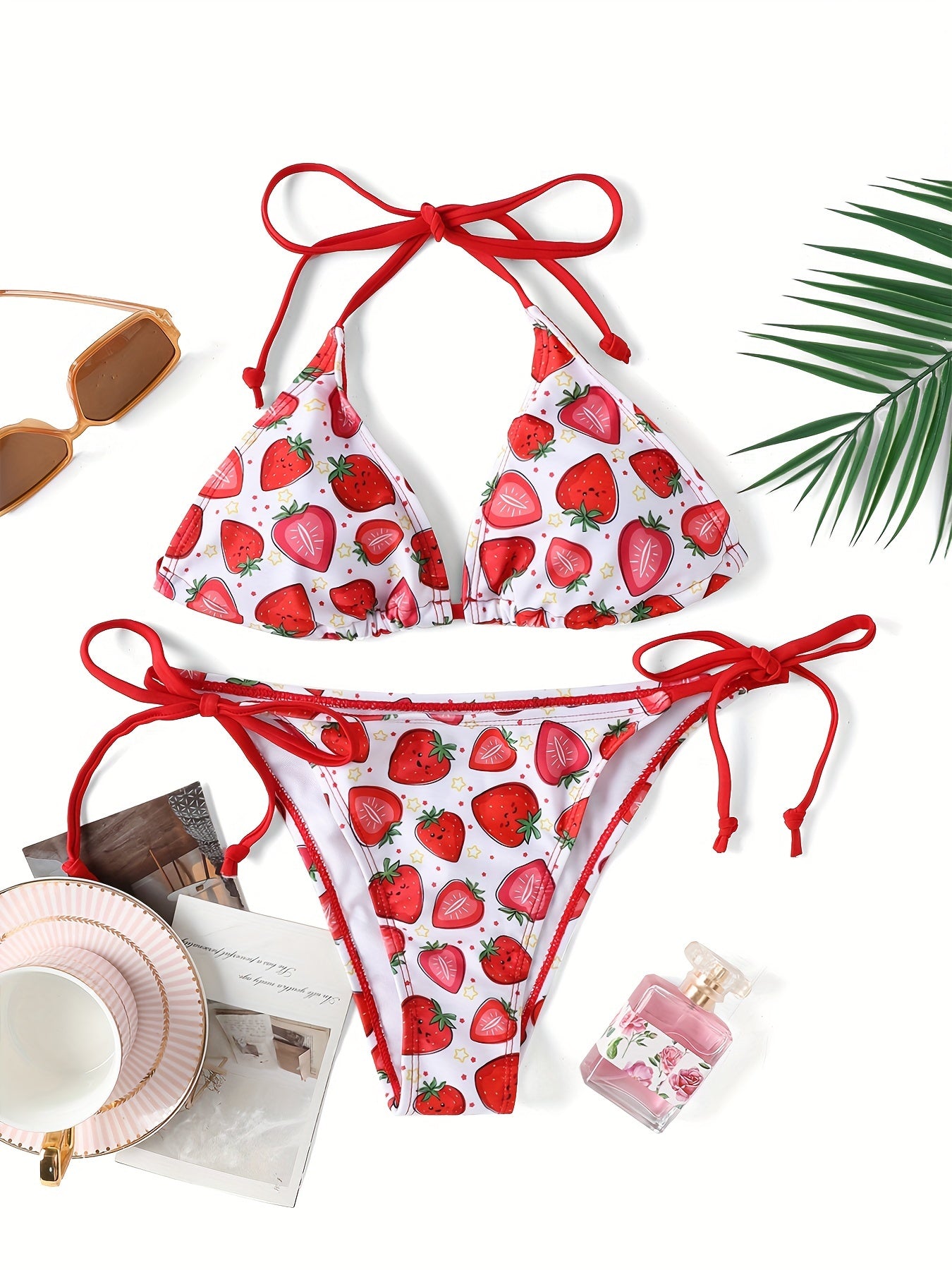 Strawberry Star Print Triangle Cute 2 Piece Set Bikini, Halter Tie Strap Backless Swimsuits, Women's Swimwear & Clothing