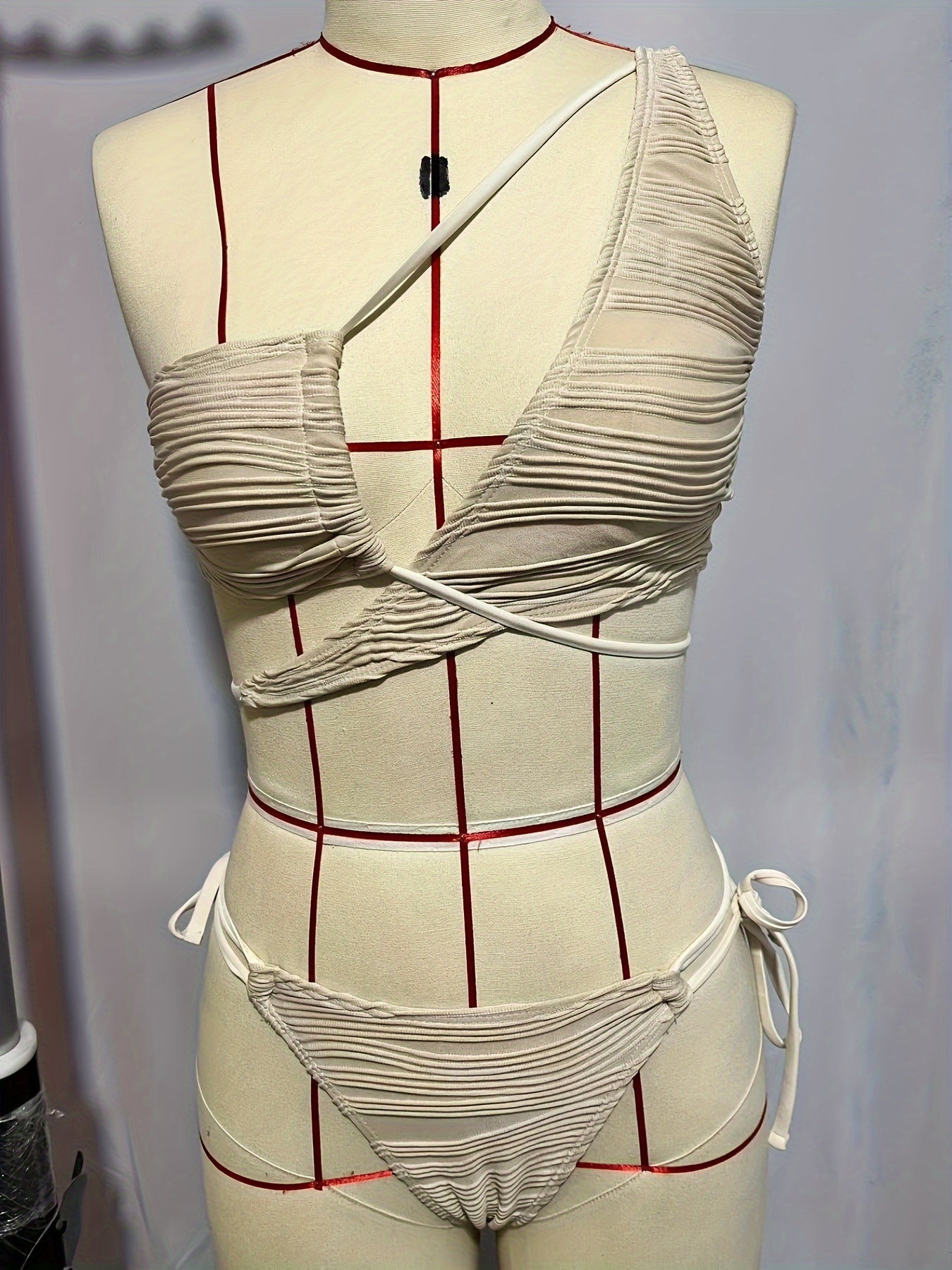 Asymmetric One Shoulder Criss Cross 2 Piece Set Bikini, Bow Tie Ruched Fabric Tie Back Swimsuits, Women's Swimwear & Clothing