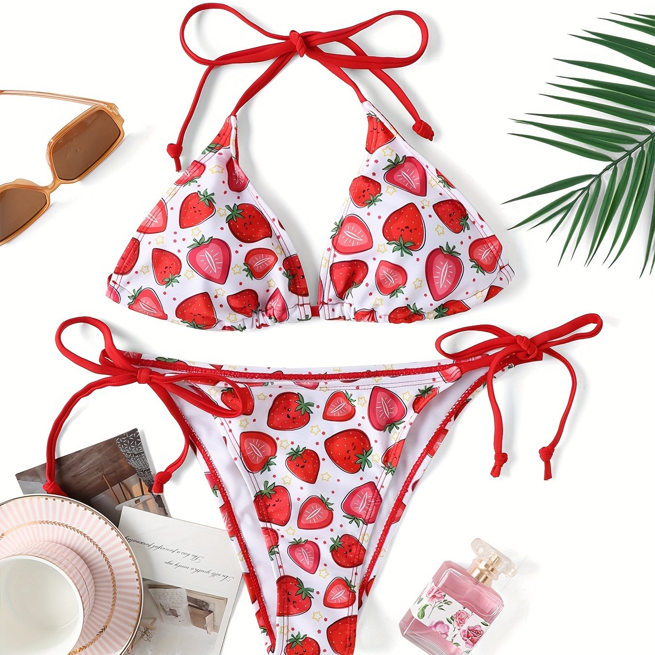 Strawberry Star Print Triangle Cute 2 Piece Set Bikini, Halter Tie Strap Backless Swimsuits, Women's Swimwear & Clothing