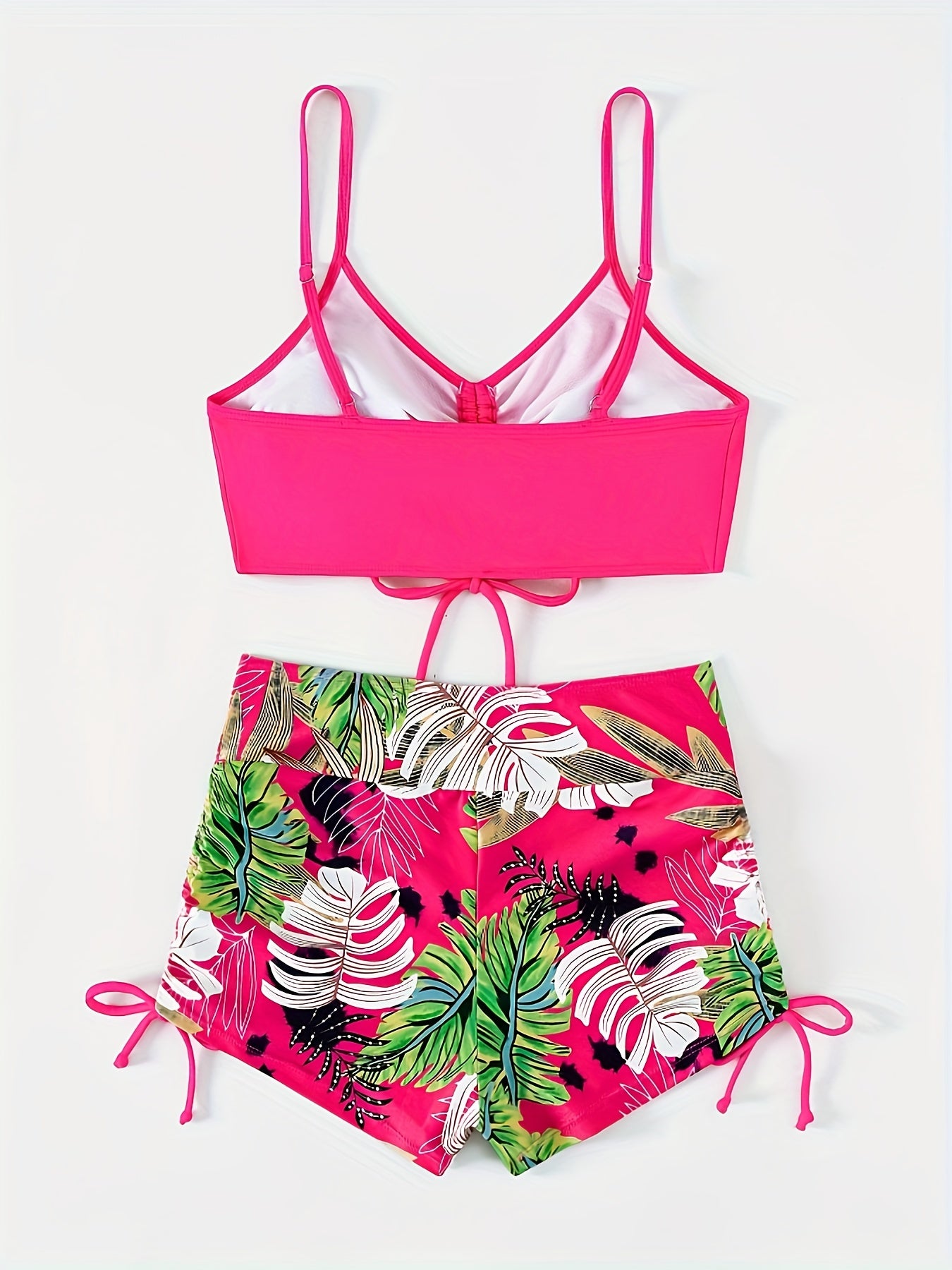 2 Piece Leaf Print Drawstring V Neck Tie Side Bikini Set - Women's Swimwear & Clothing Boxer Short Bottom Swimsuits