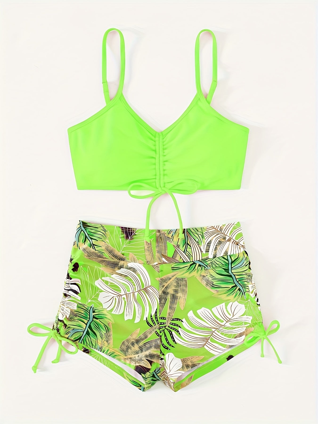 2 Piece Leaf Print Drawstring V Neck Tie Side Bikini Set - Women's Swimwear & Clothing Boxer Short Bottom Swimsuits