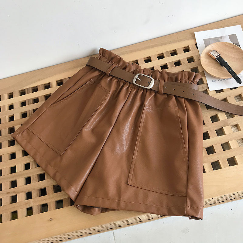 Paperbag Leather Shorts With Belt Front Pocket