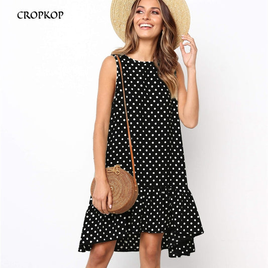 Women Summer Ruffles Polka Dot Sleeveless Mini Dresses