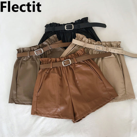Paperbag Leather Shorts With Belt Front Pocket