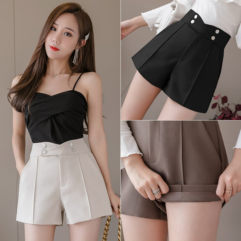 New High Waist Solid Black Office Work Shorts