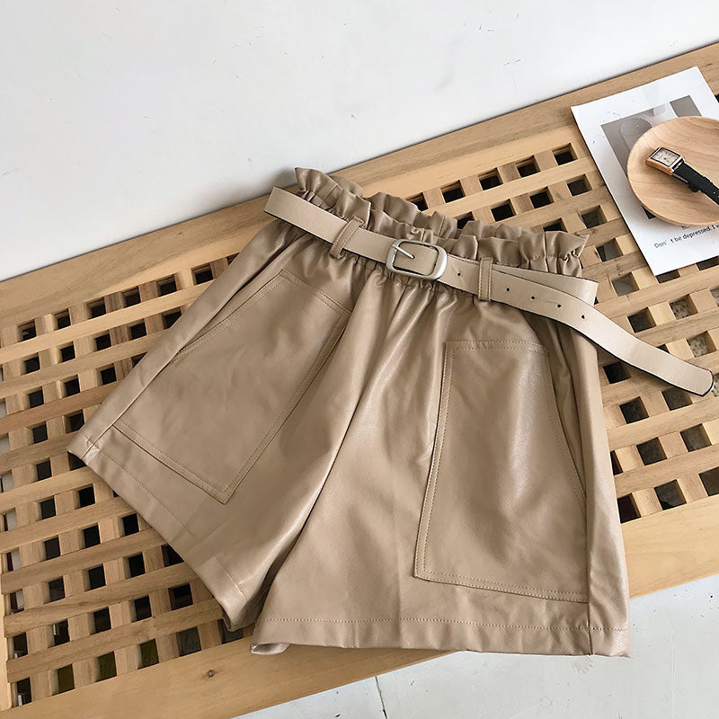 Paperbag Leather Shorts With Belt Front Pocket