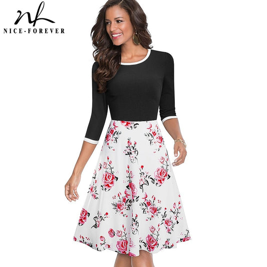 Spring Retro Floral Patchwork Elegant Dresses Casual Flare Swing Women Dress