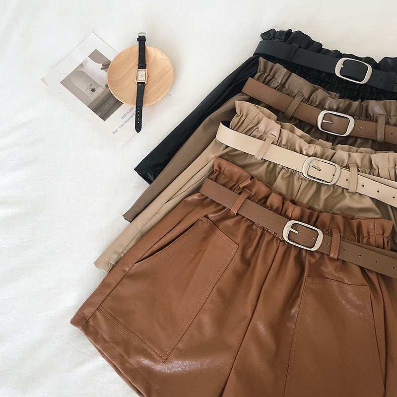 Paperbag Leather Shorts With Belt Front Pocket